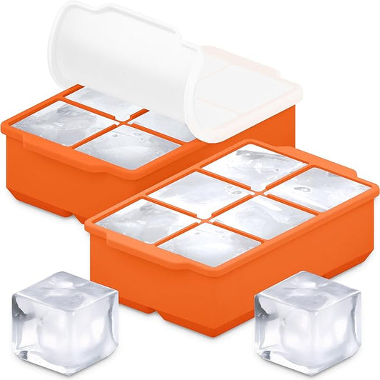 KitchFort Large Silicone Ice Cube Tray (2-Pack), Easy Release 2" Big Ice Cubes - Cocktail, Whiskey Ice Cubes Mold - Ice Trays for Freezer with Lid - Stackable Silicone Ice Tray - Orange by KitchFort