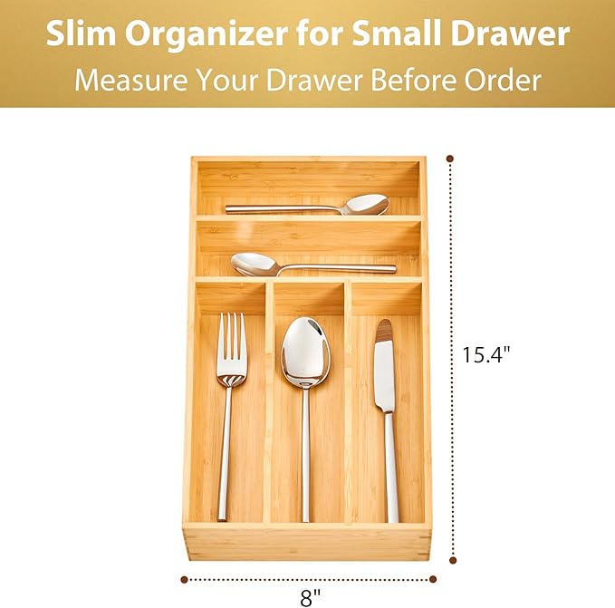 Umilife Bamboo Kitchen Drawer Organizer, 8 Inch Silverware Utensils Tray Holder for Small Drawer, Wood Caddy for Flatware Cutlery Knives - Image 5