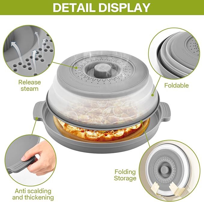 2 Pack Microwave Splatter Cover for Food with Anti-scald Base Plate,Large Plastic & Silicone Vented Avoid Scalding Collapsible Guard Lid,Kitchen Essential Gadgets for Meal Prep-10.7 Inch - Image 5