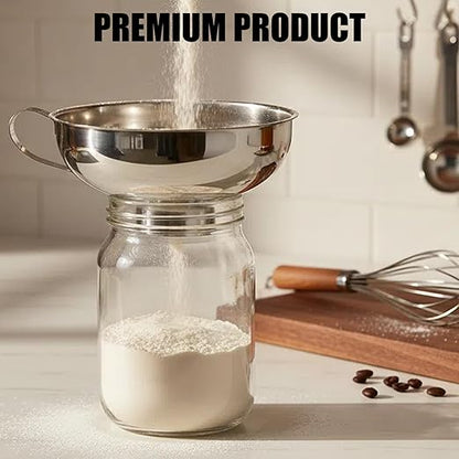 Funnel Set - 2Pcs Stainless Steel Ideal for Canning and Filling Wide Mouth or Regular Jars. This Durable Funnel Features a Handle for Easy Pouring and is Made of Stainless Steel for Long-Lasting use.