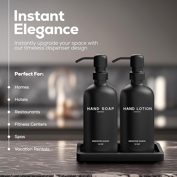 Black Glass Soap and Lotion Dispenser Set with Tray by Brighter Barns - Hand Soap Dispenser Bathroom Set & Stainless Steel Pump for Home - Modern Bathroom Accessories, Modern Decor (Black) - Image 2