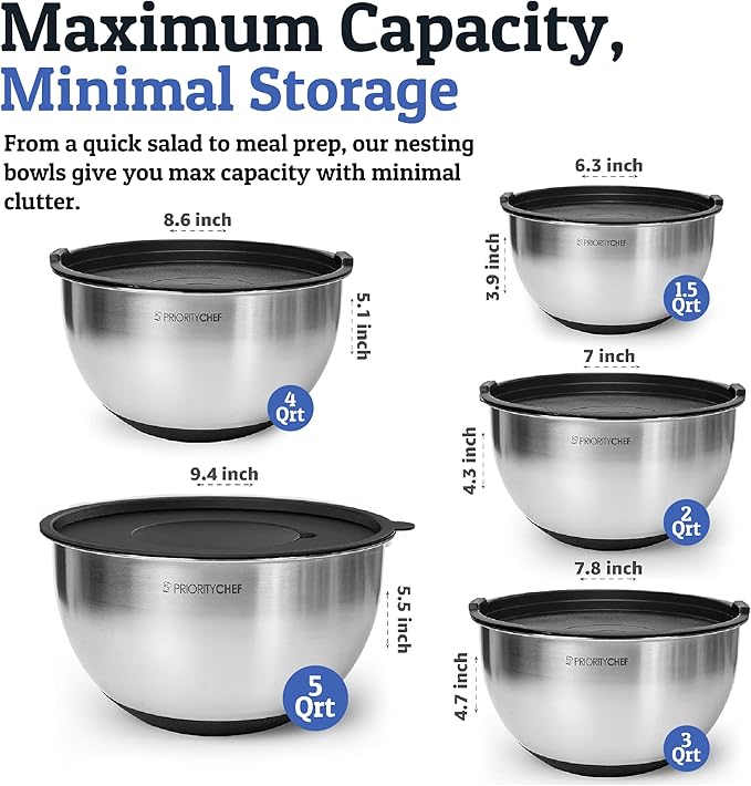 Priority Chef Stainless Steel Mixing Bowls with Lids Set, Metal Nesting Bowls with Airtight Lids, Graters, Non-Slip Base & Measurement Marks, Includes Utensil Set for Prep, Baking & Storage, Black - Image 4