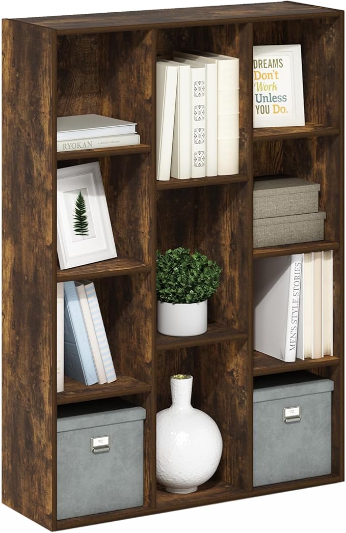 Furinno LUDER Book Shelf, 11-Cube Bookshelf, Reversible Bookcase, 9.4 x 29.1 x 41.7, Easy Assembly, for Living Room, Bedroom, Home Office, Amber Pine by Furinno-FitsYourSpaceFitsYourBudget