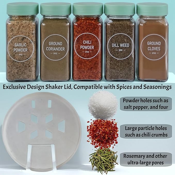 Spice Jars with Labels - 24 Glass Spice with Shaker Lids & Airtight Plastic Caps - 4oz Complete Seasoning Containers Organizer Set for Cabinet, Drawer & Rack (Light Green) - Image 4