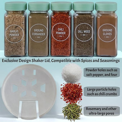 Spice Jars with Labels - 24 Glass Spice with Shaker Lids & Airtight Plastic Caps - 4oz Complete Seasoning Containers Organizer Set for Cabinet, Drawer & Rack (Light Green) - Image 4