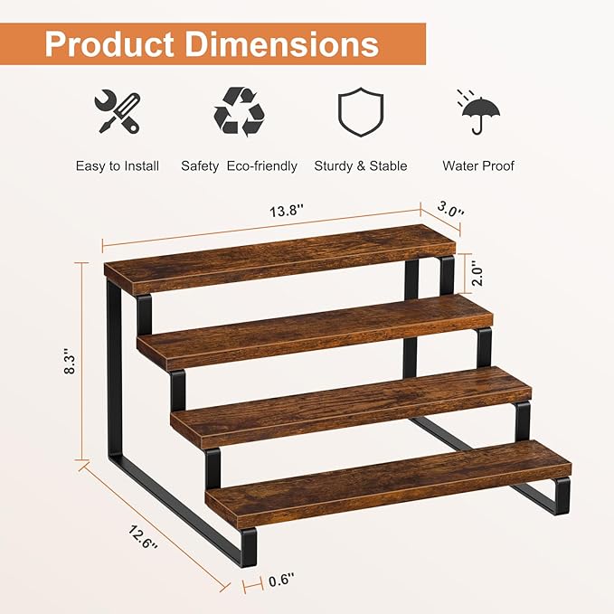 Giikin 4 Tier Spice Rack, Set of 2 Wooden Spice Rack for Countertop, Kitchen Counter Storage Shelves Cupcake Stand Holder Display Stand, Rustic Brown - Image 6