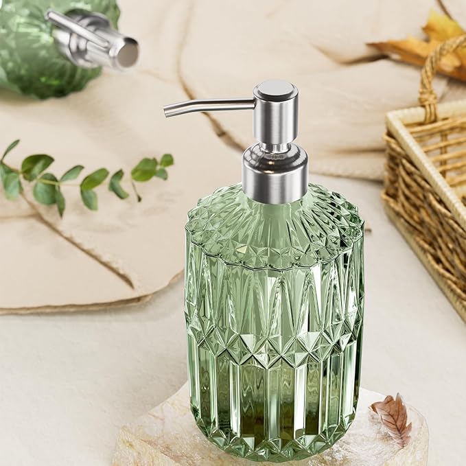 AmazerBath Soap Dispenser, Green Glass Soap Dispenser with Pump Stainless Steel, 14.2OZ Refillable Hand Bottles Bathroom Kitchen, 1 Pack - Image 5