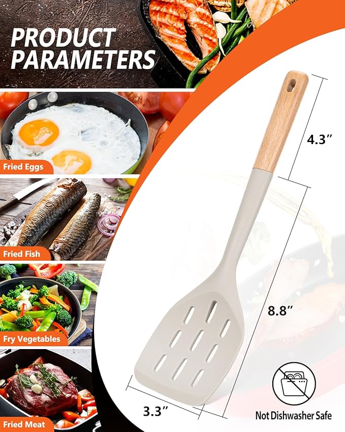 Pack of 2 Silicone Spatula, Non Stick Cooking Utensil Set Wooden Handle Kitchen Turner for Baking Mixing Grilling Serving Food Heat Resistant Non Scratch Hooks Included (Khaki) - Image 2