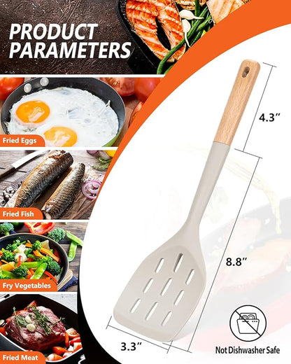Pack of 2 Silicone Spatula, Non Stick Cooking Utensil Set Wooden Handle Kitchen Turner for Baking Mixing Grilling Serving Food Heat Resistant Non Scratch Hooks Included (Khaki) - Image 2