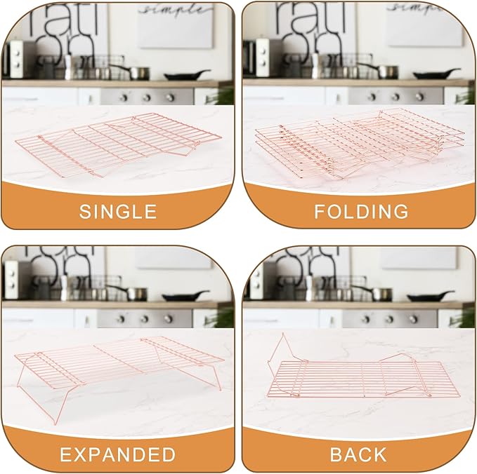 Cooling Rack for Baking 3 Tiers, 16" x 10" Cookie Cooling Wire Rack Stackable Collapsible Nonstick, Stainless Steel Baking Cooking Cooling Racks with Optimum Air Flow, Rose Gold - Image 4