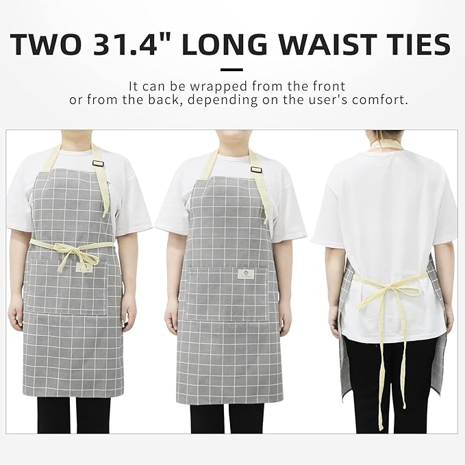NLUS 2 Pack Kitchen Cooking Aprons, Adjustable Bib Waterproof Chef Apron with 2 Pockets for Men Women(Green Plaid/Grey Plaid) - Image 6
