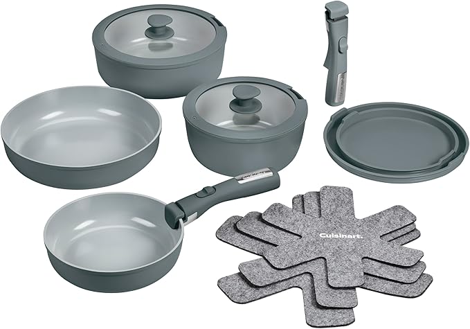 Cuisinart 13-Pc, ClickSmart Nonstick Detachable Handle Ceramic Cookware, Pots and Pans Set, Stackable Space-Saving Design, Compatible with All Stovetops, Induction & Oven Safe, PURELYCERAMIC by Cuisinart