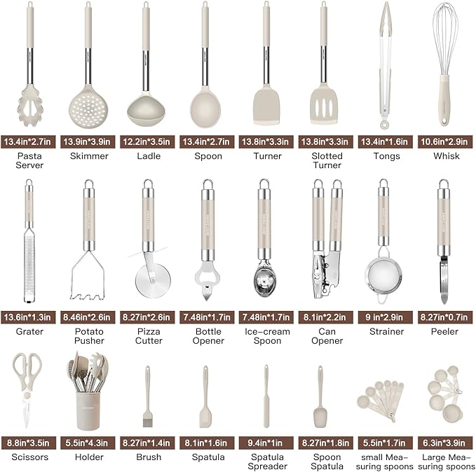 Kitchen Utensils Set-Silicone Cooking Utensils-33pcs Non-Stick Silicone Cooking Kitchen Utensils Spatula Set with Holder-Best Kitchen Cookware with Stainless Steel Handle (Khaki) - Image 2