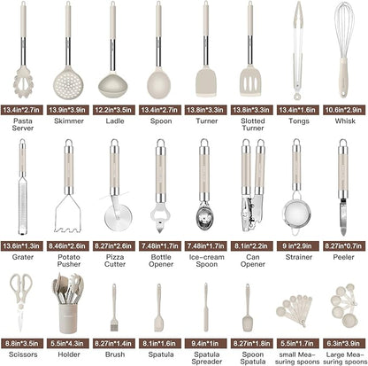Kitchen Utensils Set-Silicone Cooking Utensils-33pcs Non-Stick Silicone Cooking Kitchen Utensils Spatula Set with Holder-Best Kitchen Cookware with Stainless Steel Handle (Khaki) - Image 2