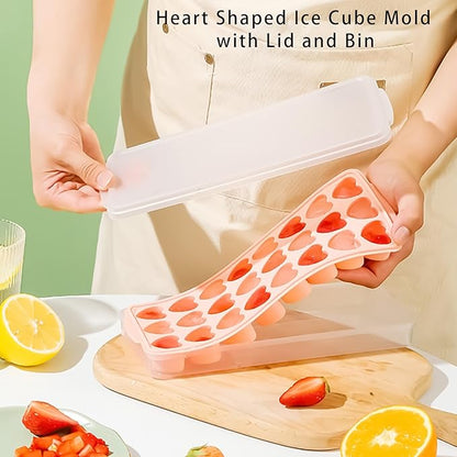 2 Pack Heart-Shaped Ice Cube Trays with lid and bin - 48 Holes Silicone Mini Heart Ice Cube Tray, BPA Free and Dishwasher Safe, Heart Shape Ice Cube Mold, Easy to Remove (2 pink with Lids & Bins)
