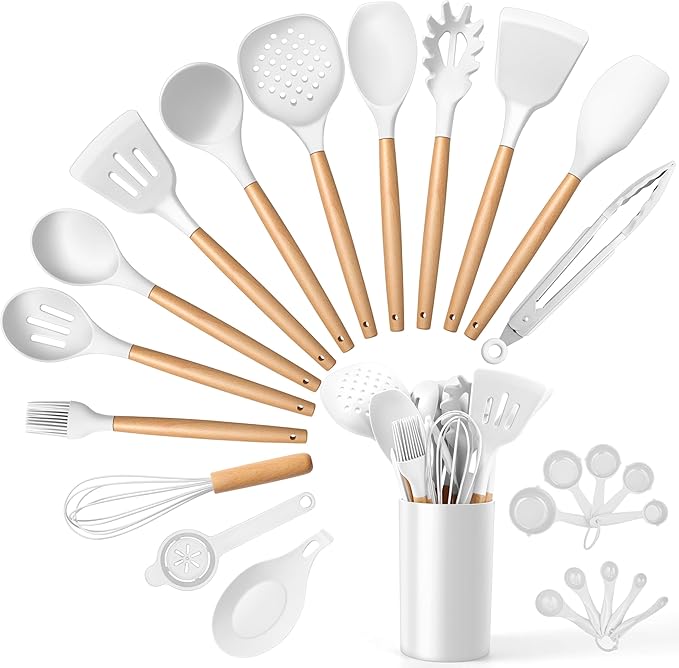 E-far White Cooking Utensils Set with Holder, 25-Piece Silicone Kitchen Utensil Set with Wooden Handle for Nonstick Cookware, 446°F Heat Resistant Kitchen Tool Spatula Tongs Whisk, Non-toxic & Healthy by E-far