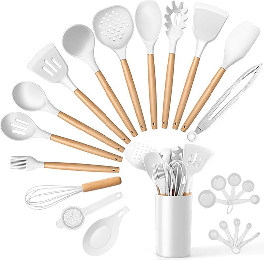 E-far White Cooking Utensils Set with Holder, 25-Piece Silicone Kitchen Utensil Set with Wooden Handle for Nonstick Cookware, 446°F Heat Resistant Kitchen Tool Spatula Tongs Whisk, Non-toxic & Healthy by E-far