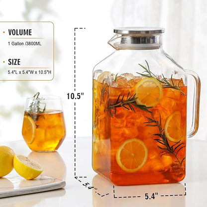 1 Gallon Square Glass Pitcher with Lid and Spout, Borosilicate Glass Carafe for Hot/Cold Drink, Water Pitchers with Handle for Fridge, Extra Large Jug for Iced Tea, Coffee, Juice, Beverage - Image 2