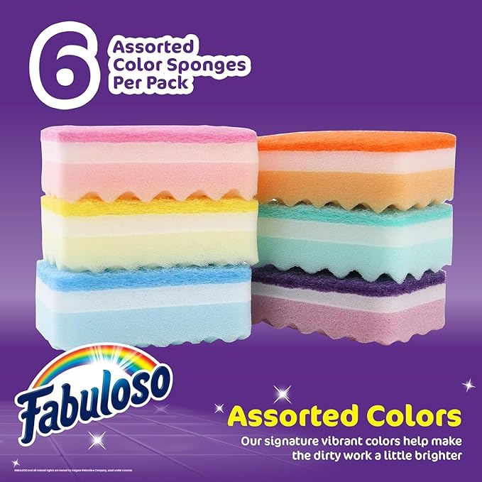 Fabuloso Scratch-Free Kitchen Dish Sponges, Rainbow Cellulose Scrubber Sponge with Scouring Pad for Dishes, Pots, Pans, Counters and Sinks, Tough on Messes, 4.25 x 2.75 x 1.25 in, 6 Count - 2 Pack - Image 2