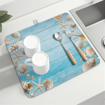 Summer Coastal Dish Drying Mat for Kitchen Counter Seashell Starfish Blue Wooden Board Microfiber Dish Drainer Mat Ocean Nautical Absorbent Washable Drying Pad Extra Large 16"x18"