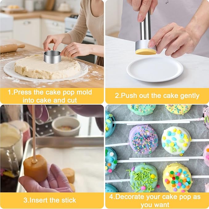 Juome Cake Pop Mold Kit, Stainless Steel Circle Cake Pop Cutter and Pusher Cake Pop Maker with Sticks, Round Cake Pop Shapes Supplies Accessories, Baking Tools for Home Baking Desserts - Image 3