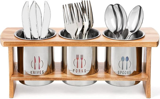 Lyellfe Silverware Holder for Countertop, Stainless Steel Cutlery Utensil Organizer with Bamboo Stand, Flatware Holder for Spoon, Fork, and Knife