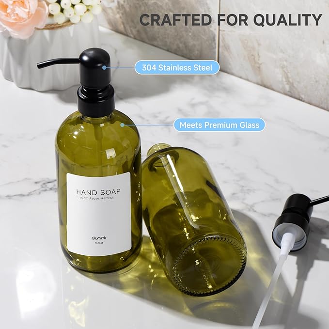 2 Pack Kitchen Soap Dispenser Set - 16oz Green Glass Dish and Hand Soap Dispenser with Stainless Steel Pump, Instant Dry Tray, Dish Brush & Holder, Refillable Countertop Sink Decor for Kitchen & Bath - Image 3