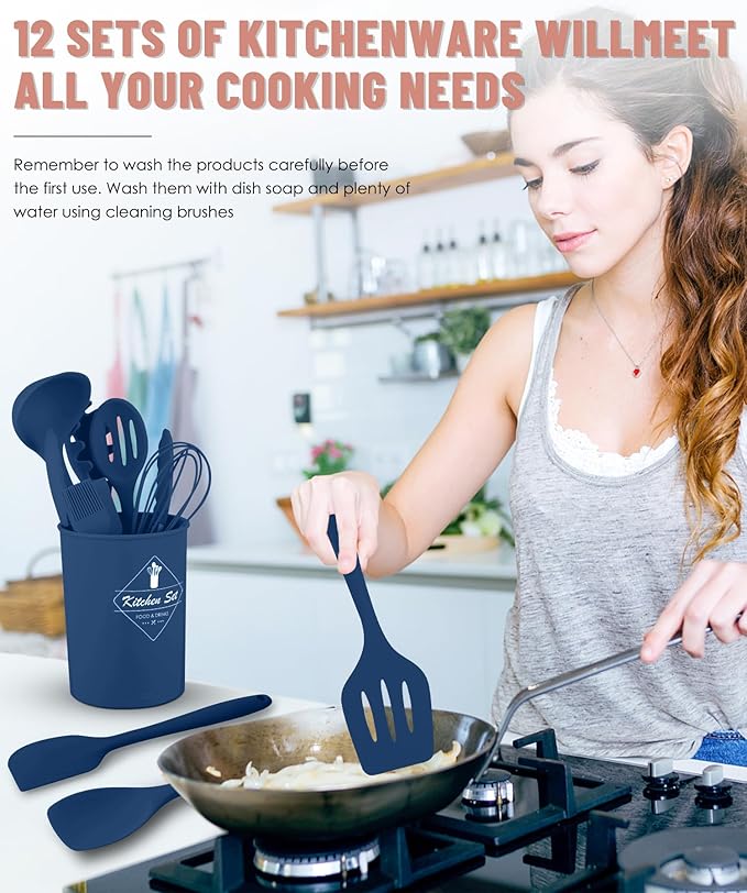 Kitchen Utensils Set-12 Pieces Silicone Cooking Utensils Set (Dishwasher Safe) 392°F Heat Resistant Spatula Set,Kitchen Utensil Set for Nonstick Cookware,Best Kitchen Tools with Holder - Image 4