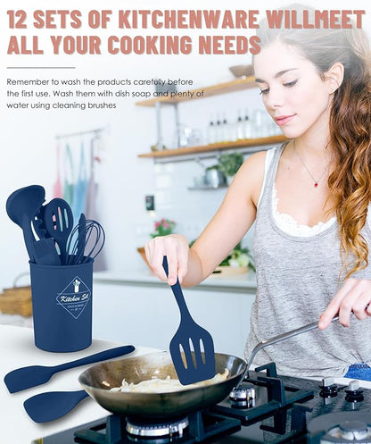 Kitchen Utensils Set-12 Pieces Silicone Cooking Utensils Set (Dishwasher Safe) 392°F Heat Resistant Spatula Set,Kitchen Utensil Set for Nonstick Cookware,Best Kitchen Tools with Holder - Image 4