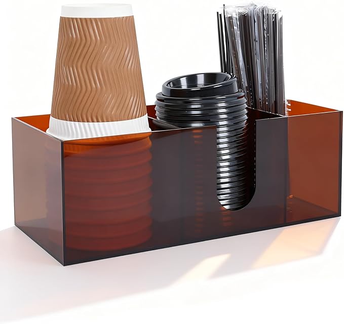 Acrylic Coffee Cup Holder for Countertop, 3 Slots Acrylic Coffee Bar Accessories and Organizer Anti Slip Waterproof, Coffee Station Organizer for Cup Lid Straw, Amber Coffee Color