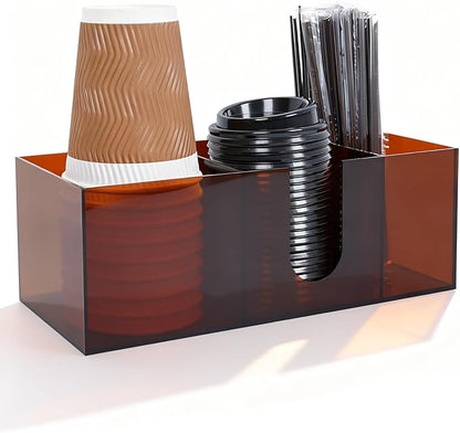 Acrylic Coffee Cup Holder for Countertop, 3 Slots Acrylic Coffee Bar Accessories and Organizer Anti Slip Waterproof, Coffee Station Organizer for Cup Lid Straw, Amber Coffee Color
