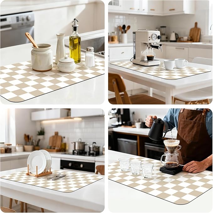 17" x 32" Checkered Dish Drying Mat for Kitchen Counter, Absorbent Coffee Bar Mat for Espresso Machine Coffee Countertops Accessories, Beige - Image 8