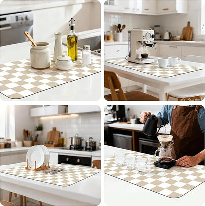 17" x 32" Checkered Dish Drying Mat for Kitchen Counter, Absorbent Coffee Bar Mat for Espresso Machine Coffee Countertops Accessories, Beige - Image 8