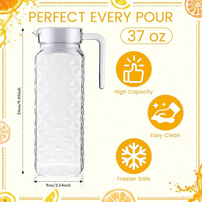 Didaey 4 Pcs Acrylic Water Pitcher with Lid, Spout Handle Clear Plastic Pitcher Heat Resistant Carafe Unbreakable Beverage Container Fridge Jug for Juice Ice Tea Sangria Lemonade(37 oz,Diamond)