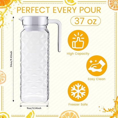 Didaey 4 Pcs Acrylic Water Pitcher with Lid, Spout Handle Clear Plastic Pitcher Heat Resistant Carafe Unbreakable Beverage Container Fridge Jug for Juice Ice Tea Sangria Lemonade(37 oz,Diamond)