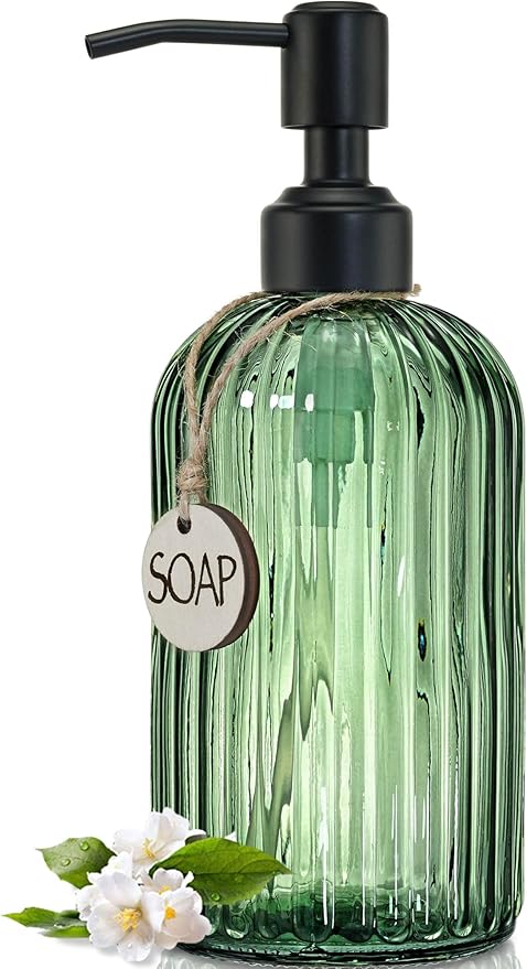 JASAI 18Oz Green Glass Soap Dispenser with Black Rust Proof Pump, Refillable Bathroom soap Dispenser with Thick Glass, Soap Dispenser Bathroom for Kitchen Dish soap, Hand Soap, Lotion, Body Wash. by JASAIHOME