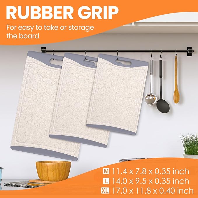 Extra Large Cutting Boards, Plastic Cutting Boards for Kitchen (Set of 3) Cutting Board Set Dishwasher Chopping Board with Juice Grooves Easy-Grip Handles, Beige, Empune - Image 4