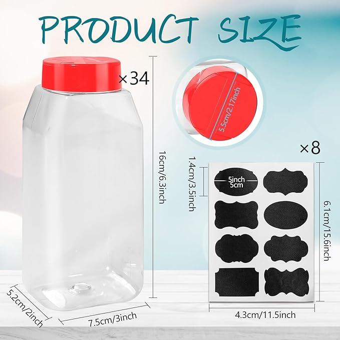 34 Pack 16 oz Plastic Spice Jars with Cap Clear Empty Square Bottle With flip lid Reusable Spice Bottle Large Seasoning Jars Powder Storage Container for Storing Seasoning Powders Supplies(Red) - Image 2