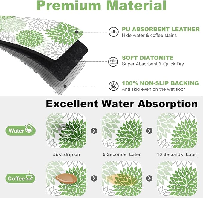 Findosom 2PCS 12" x 20" Dish Drying Mat & 24" x 5.5" Sink Splash Guard, Super Absorbent & Cuttable Dish Mat Drying Kitchen Mat with Green Floral, Hide Stain Drying Mat for Kitchen Counter - Image 3