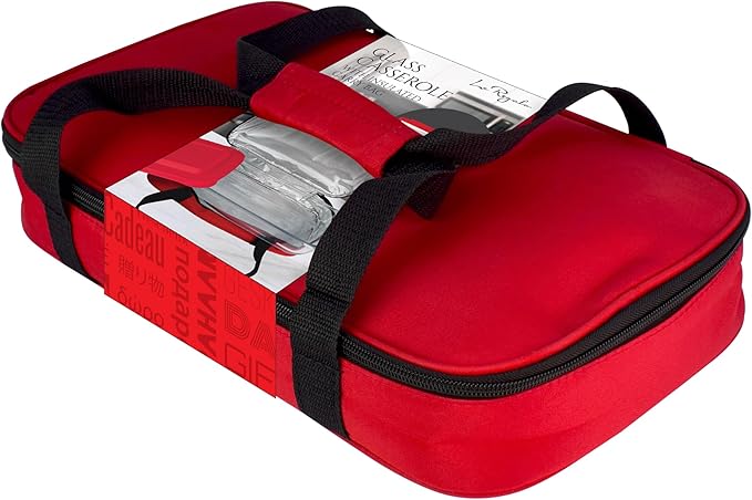 HW1236 Glass Casserole with Insulated Bag, Ideal for Picnic, Potluck, Hiking & Beach Trip-Retains Hot and Cold Temperature of Food, Overall12 "x 7.5"x2 "- Red