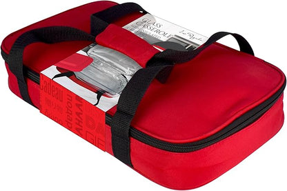 HW1236 Glass Casserole with Insulated Bag, Ideal for Picnic, Potluck, Hiking & Beach Trip-Retains Hot and Cold Temperature of Food, Overall12 "x 7.5"x2 "- Red