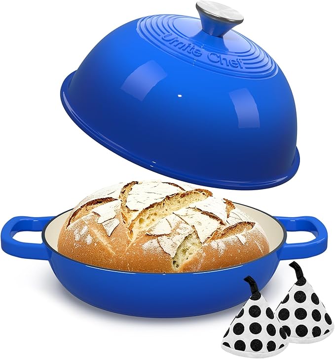 Enamelled Cast Iron Dutch Oven Pot – Dutch Oven Pot with Lid For Sourdough Bread Baking – Cast Iron Bread Oven – Dark Blue, Umite Chef 6QT Pot with Lid & Cotton Potholders - Image 9