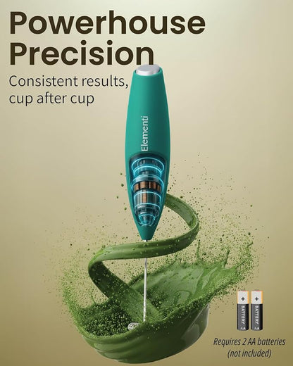 Elementi Matcha Whisk & Frother Set - Powerful Electric Matcha Mixer for Powder, Easy to Use Electric Whisk Kit - Craft Effortless Lattes with the Elementi Milk Frother Wand & Wisk (Emerald Green)