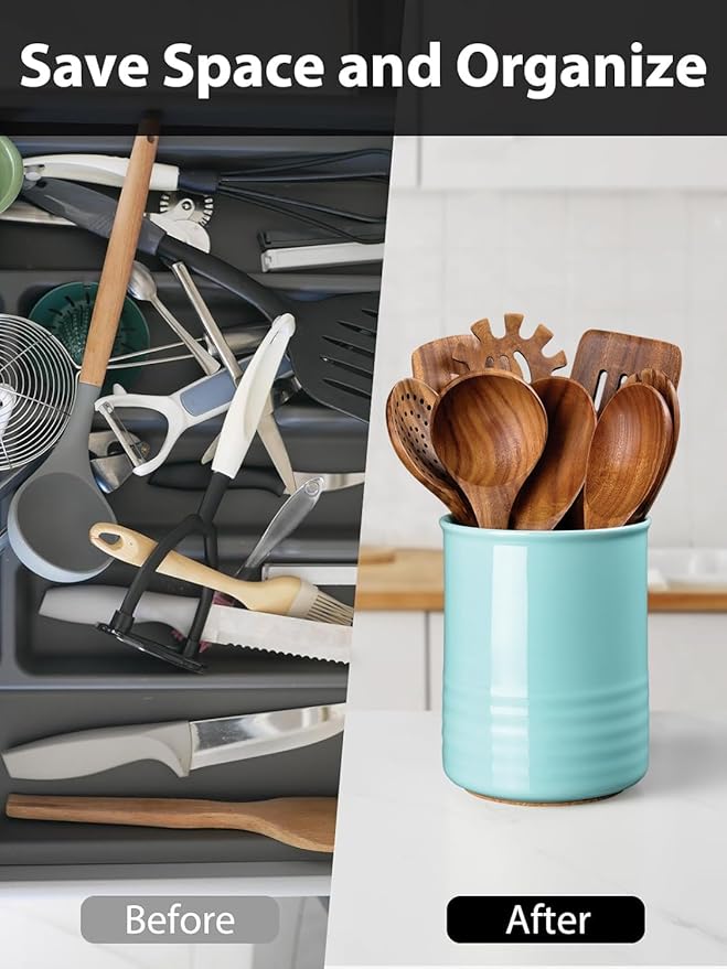 ABRUTY Utensil Holder, 6.7" Ceramic Kitchen Utensil Crock for Countertop Cooking, Modern Utensil Caddy Jar Organizer for Farmhouse Kitchen Counter Décor, Turquoise - Image 5