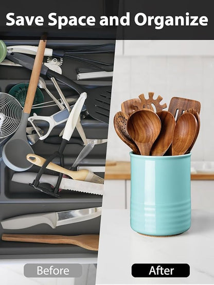 ABRUTY Utensil Holder, 6.7" Ceramic Kitchen Utensil Crock for Countertop Cooking, Modern Utensil Caddy Jar Organizer for Farmhouse Kitchen Counter Décor, Turquoise - Image 5