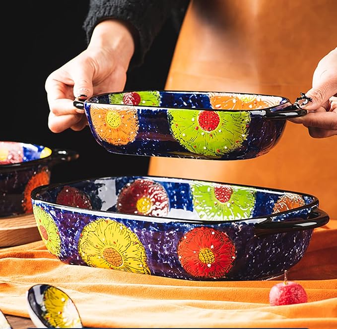 Vintage Style Pottery Bakeware Colorful Daisy Pattern Ceramic Casserole Dish Baking Pan Lasagna Pans Baking Dish with Handles from Oven to Table Plate-1 PCS, 60 OZ - Image 6