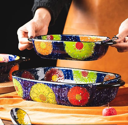 Vintage Style Pottery Bakeware Colorful Daisy Pattern Ceramic Casserole Dish Baking Pan Lasagna Pans Baking Dish with Handles from Oven to Table Plate-1 PCS, 60 OZ - Image 6