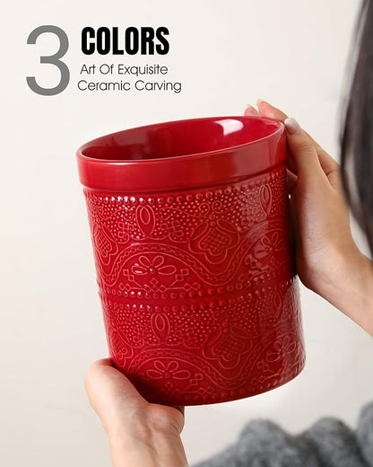 FUN ELEMENTS Kitchen Utensil Holder, 7.2+5.5" Super Large Utensil Crock Heavy and Stable Lace Emboss Ceramic Utensil Holder for Kitchen Counter (2Pcs Christmas Red) - Image 2
