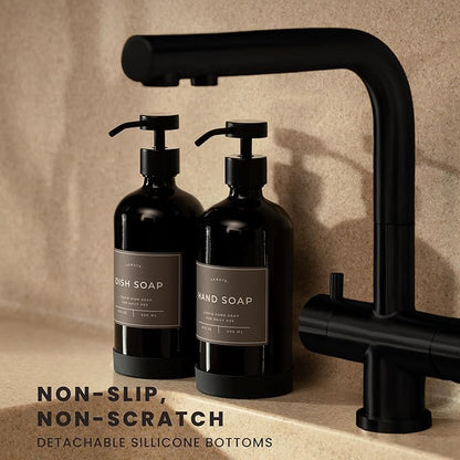 Hand and Dish Soap Dispenser for Kitchen and Bathroom, Set of 2 16 Oz Glass Bottles, Stainless Steel Pumps, Non-Slip Silicone Base, 27 Waterproof Labels (Gloss Black Bottle/Black Pump) - Image 2