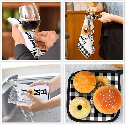 5 Pieces Buffalo Plaid Kitchen Towels Oven Mitts and Pot Holder Set Black and White Kitchen Towels Oven Gloves, Hot Pads Pot Holders for Farm House Accessories Decor(Sunflower) - Image 4